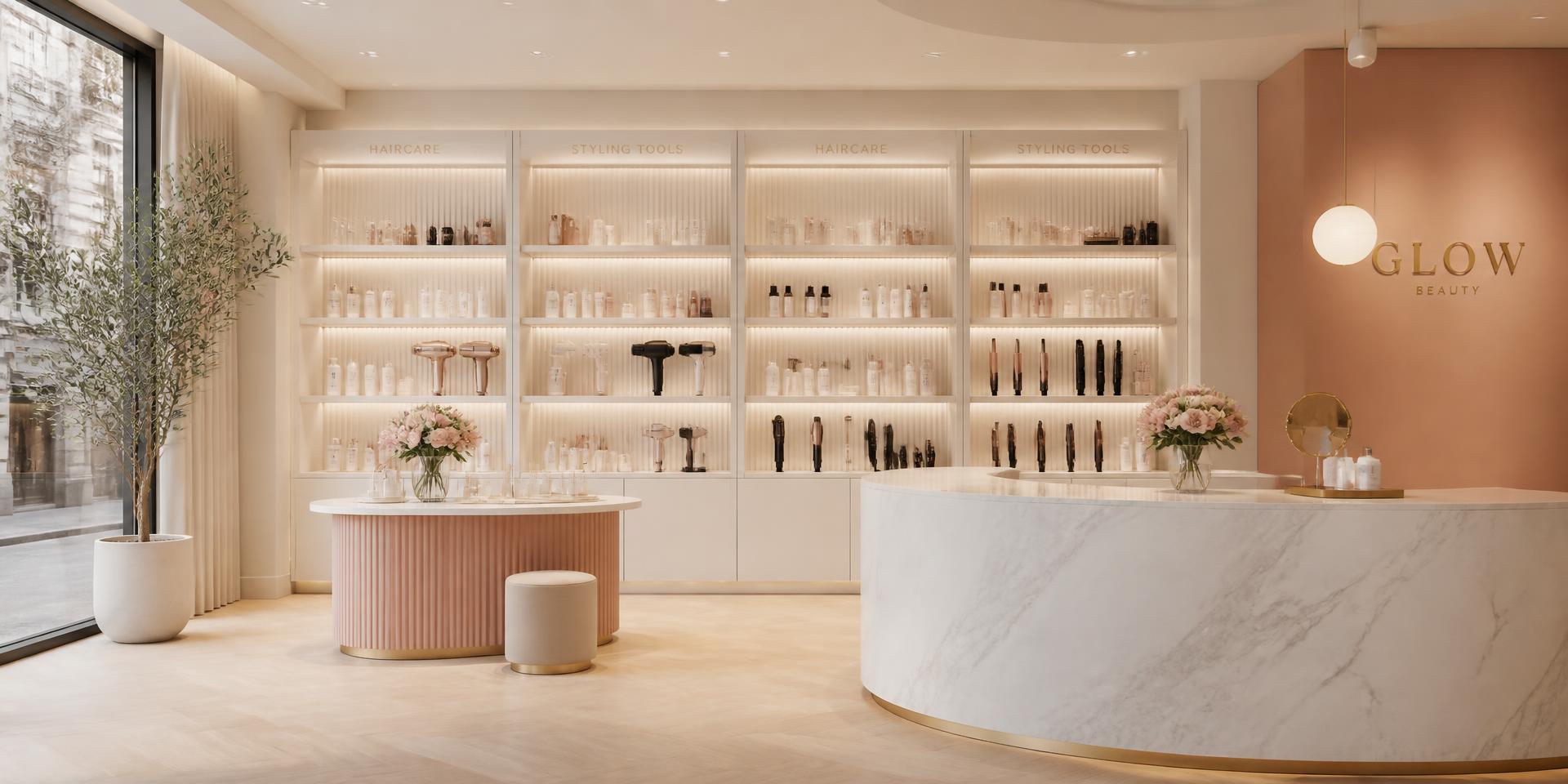 Inside the Lustra Beauty store — styling tools and haircare display